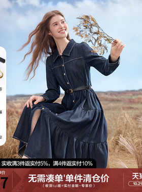betu百图复古深蓝色牛仔裙女连衣裙2026年春秋新款衬衫裙中长裙