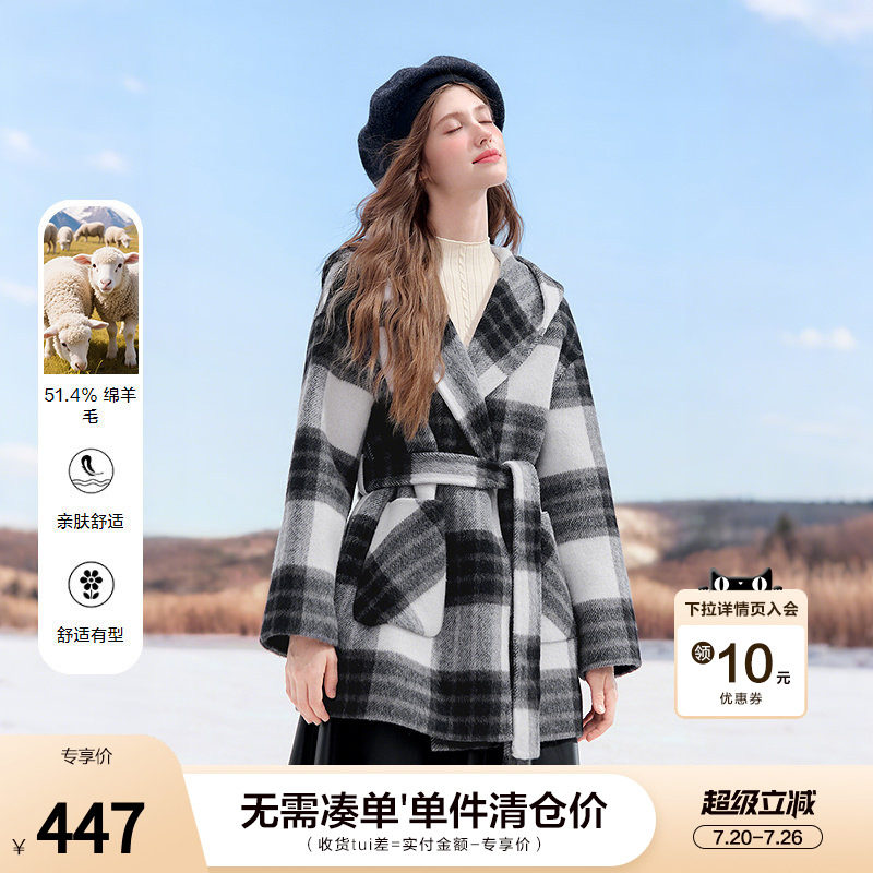 betu百图黑白格羊毛双面呢外套女2025年冬季新款中长款呢子大衣