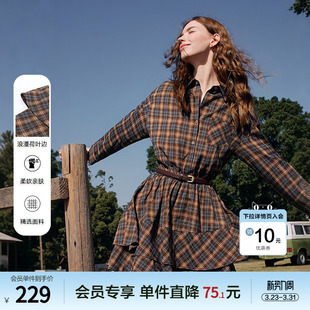 betu百图复古格子荷叶边连衣裙女2026年春季 可拆卸披肩裙子 新款