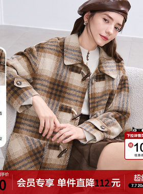 betu百图牛角扣加厚格子毛呢外套女2025年冬季新款中长呢子大衣