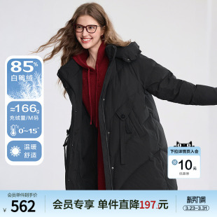 betu百图黑色加厚保暖连帽羽绒服女2025年冬季新款中长款面包服