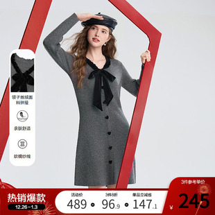 betu百图法式小香风蝴蝶结连衣裙2025年冬季新款V领修身针织裙