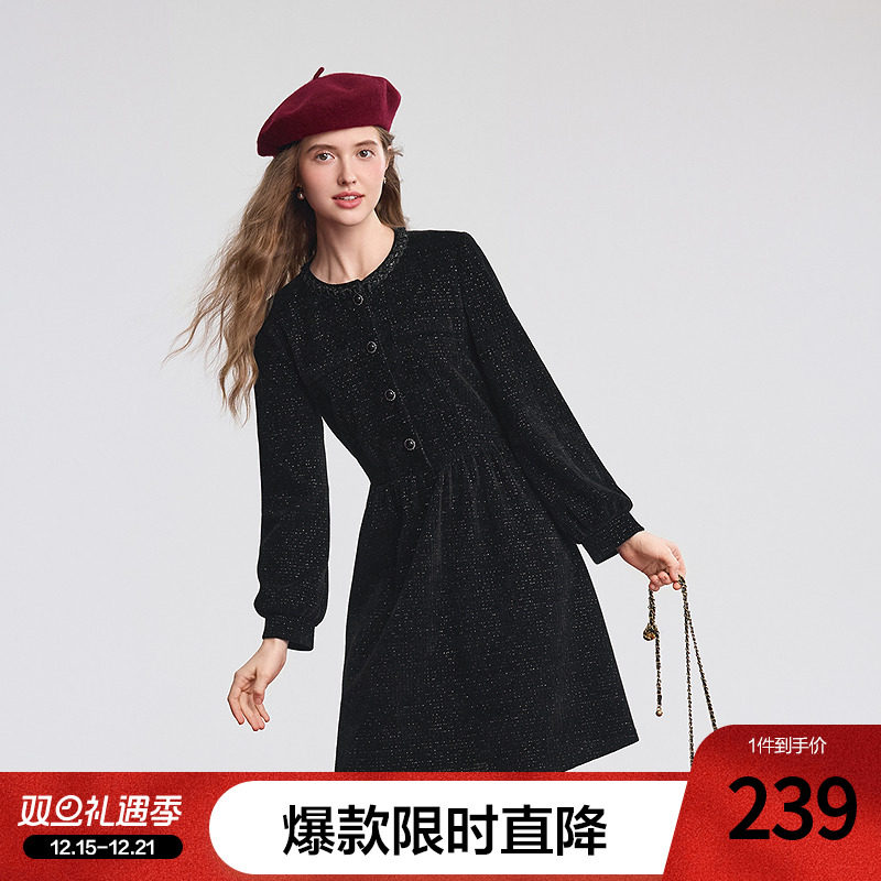 betu百图高级感小香风收腰连衣裙女2025年冬季新款赫本风小黑裙