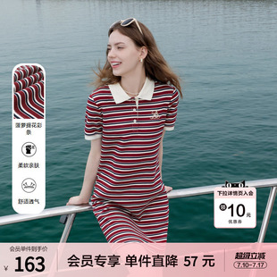 betu百图学院风红白条纹连衣裙女2026年夏季新款短袖polo连身裙