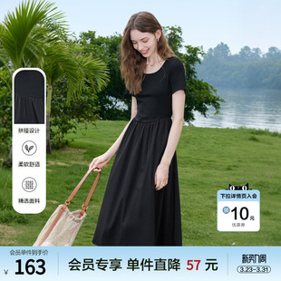 气质小黑裙 短袖 betu百图黑色拼接连衣裙女中长裙2025年夏季 新款