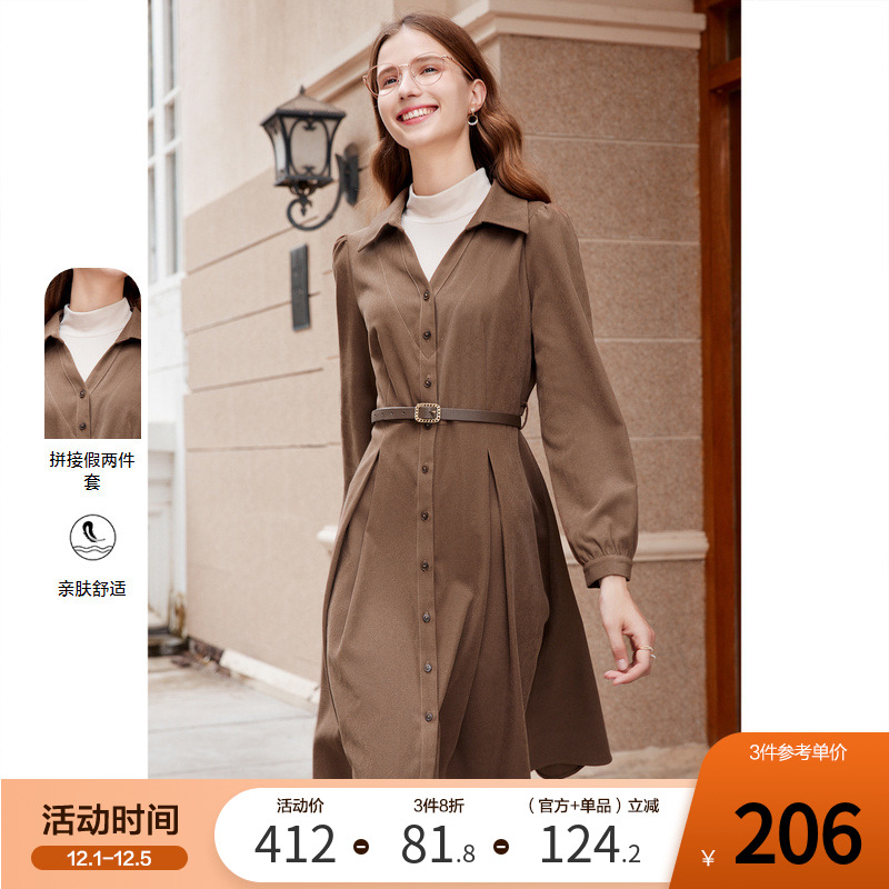 百图翻领收腰中长款衬衫式连衣裙