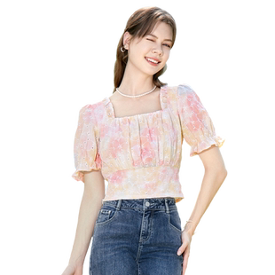 betu百图女装2024年夏季新款绣花泡泡袖衬衫方领短款衬衣上衣