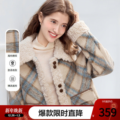 betu百图复古拼接格子仿羊羔绒外套女2025年冬季新款加厚呢大衣