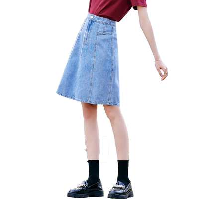 百图高腰a字中长款牛仔半身裙