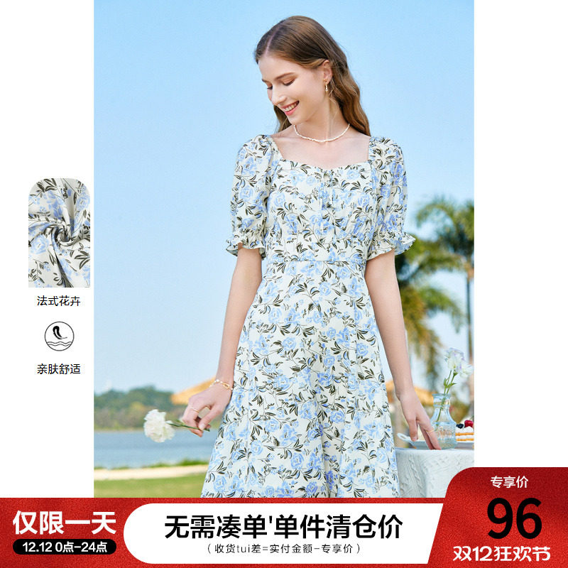 百图短袖方领高领短袖气质连衣裙