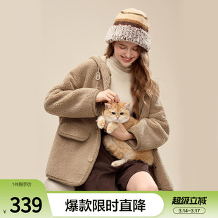 betu百图仿羊羔绒加厚连帽外套女2025年冬季新款拉链抓绒夹克