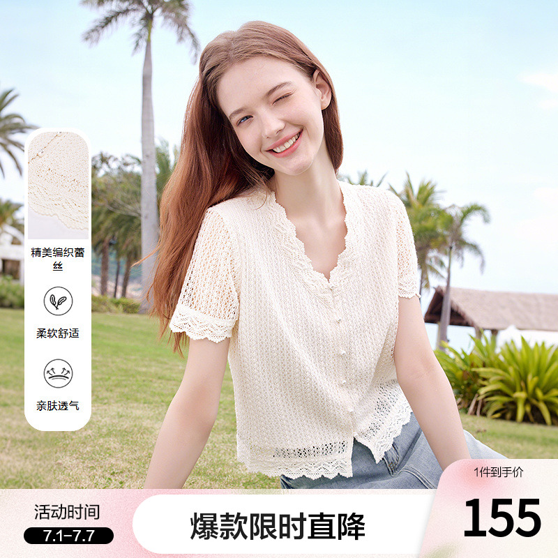 betu百图独特别致蕾丝V领衬衫女士2025年夏季新款短袖气质衬衣