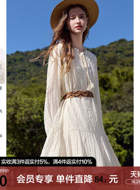 betu百图温柔风重工刺绣连衣裙女2026年春秋新款蕾丝花边A字裙