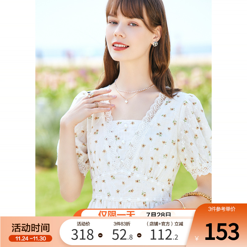 新品百图短袖连衣裙法式甜美碎花