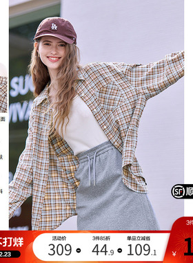 betu百图英伦风橙色格子衬衫女2026年春季新款长袖气质衬衣外套