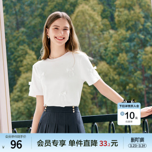 圆领上衣 短袖 betu百图立体蕾丝蝴蝶结白色T恤女2025年夏季 新款