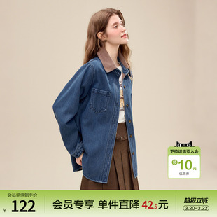 betu百图复古蓝色牛仔衬衣女长袖2025年冬季新款加绒衬衫外套