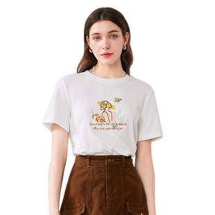 betu百图女装2025年夏季新款小清新白色T恤女短袖别致纯棉上衣