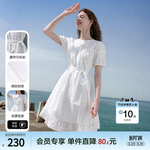 白月光系带裙子 短袖 betu百图南法假日白色连衣裙2025年夏季 新款