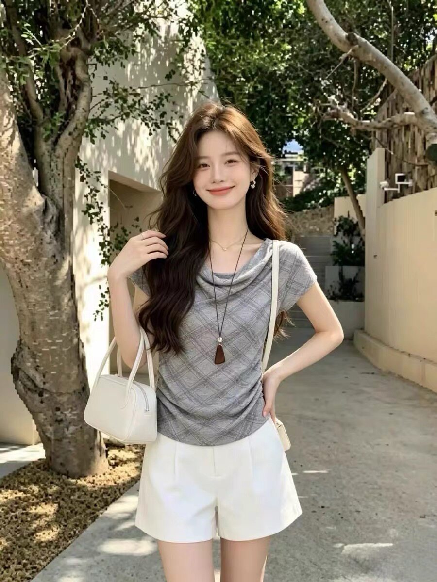 【妮娅】条纹荡领短袖T恤女设计感修身显瘦短款上衣