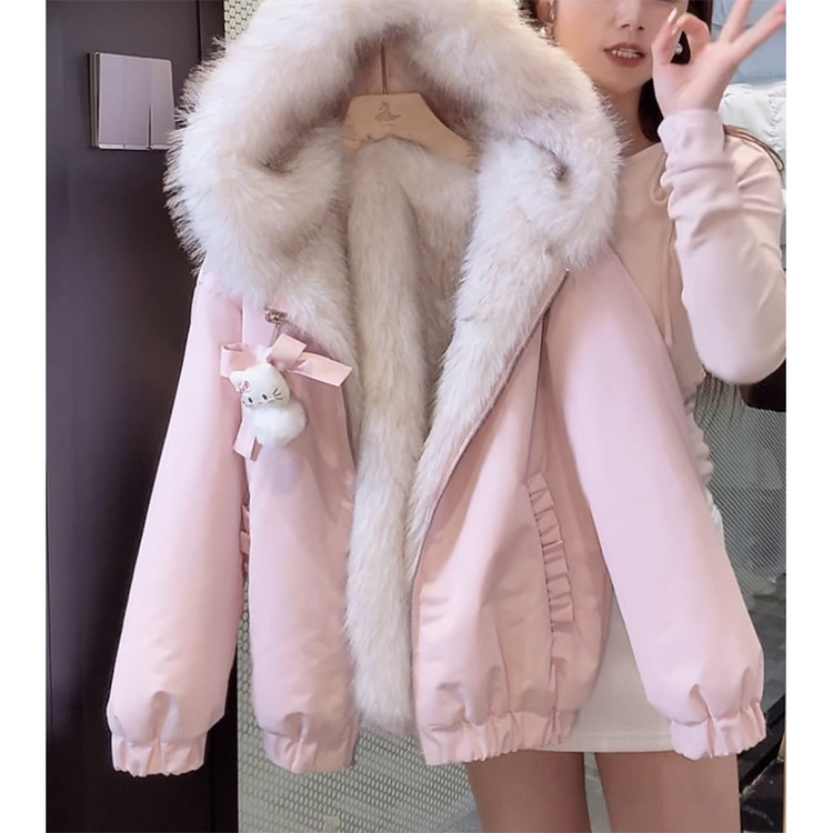 甜美可爱毛茸茸连帽外套女童2025冬季新款双面穿巨厚实加绒棉服