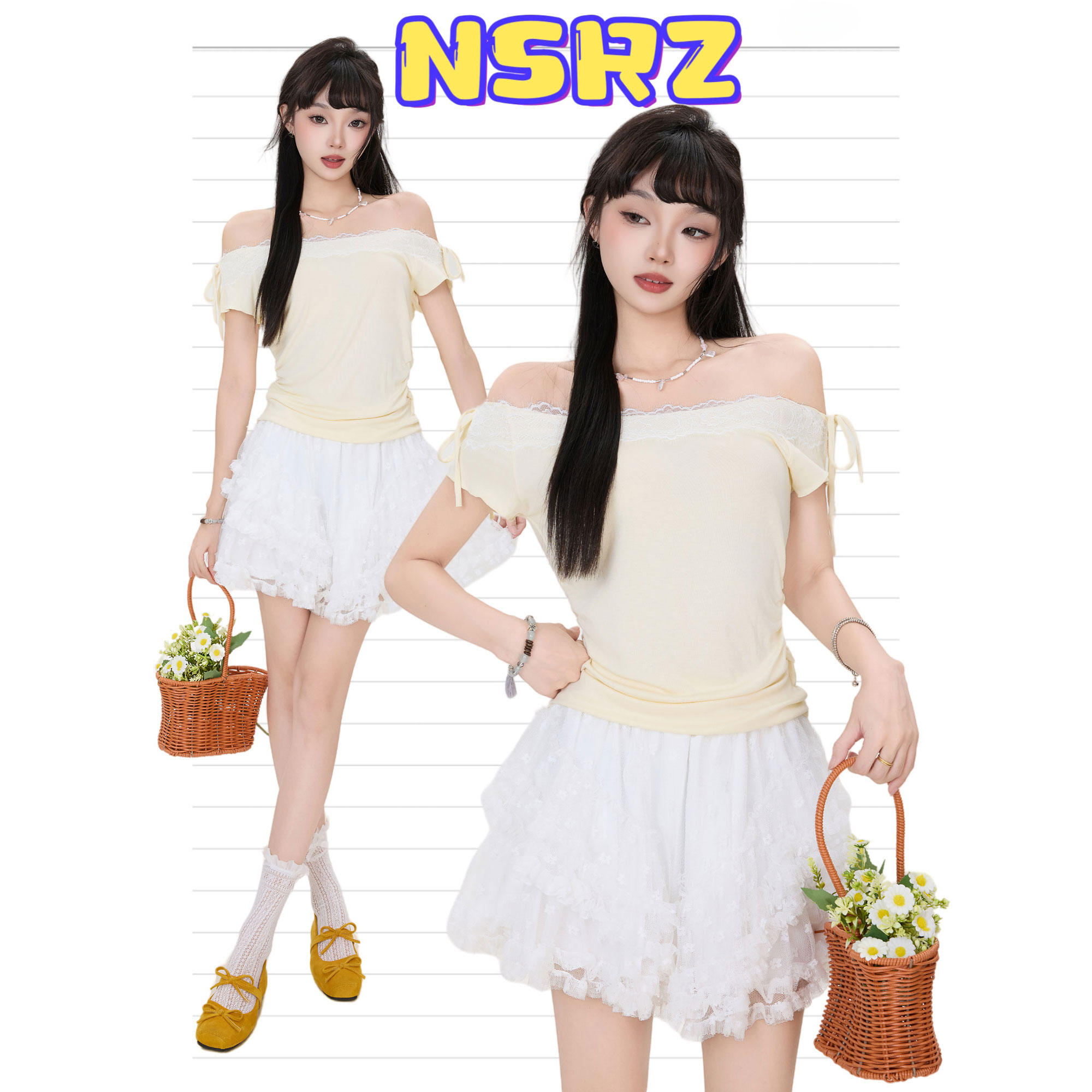 NSRZ纯欲风奶黄蕾丝花边一字领修身T恤夏季针织衫短袖女显瘦上衣