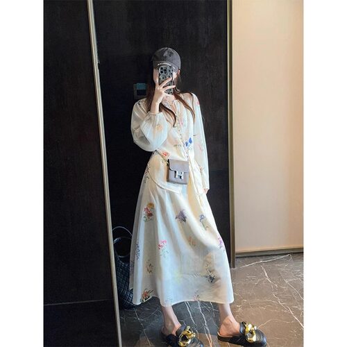 Drawdream 复古田园风碎花长袖上衣女高腰宽松印花半身长裙两件套