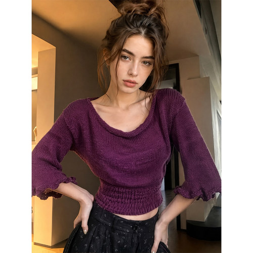 Drawdream 紫色荡领木耳边喇叭袖针织衫女装秋季修身短款露腰上衣