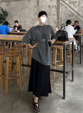 Drawdream 慵懒风灰色宽松套头短袖针织衫女秋季气质长款圆领上衣