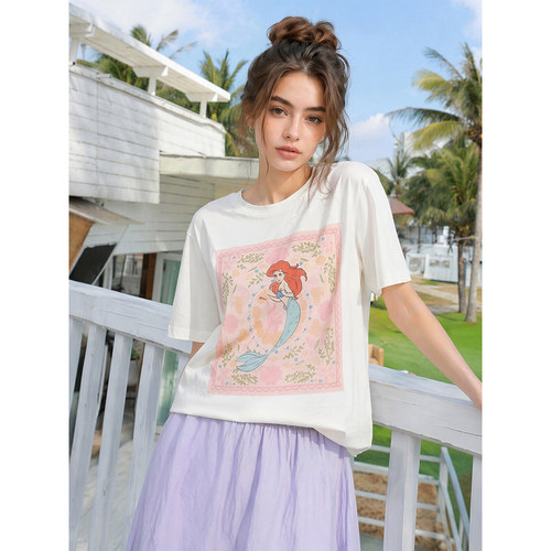 Drawdream 韩系设计感美人鱼印花短袖T恤女小众圆领显瘦百搭上衣