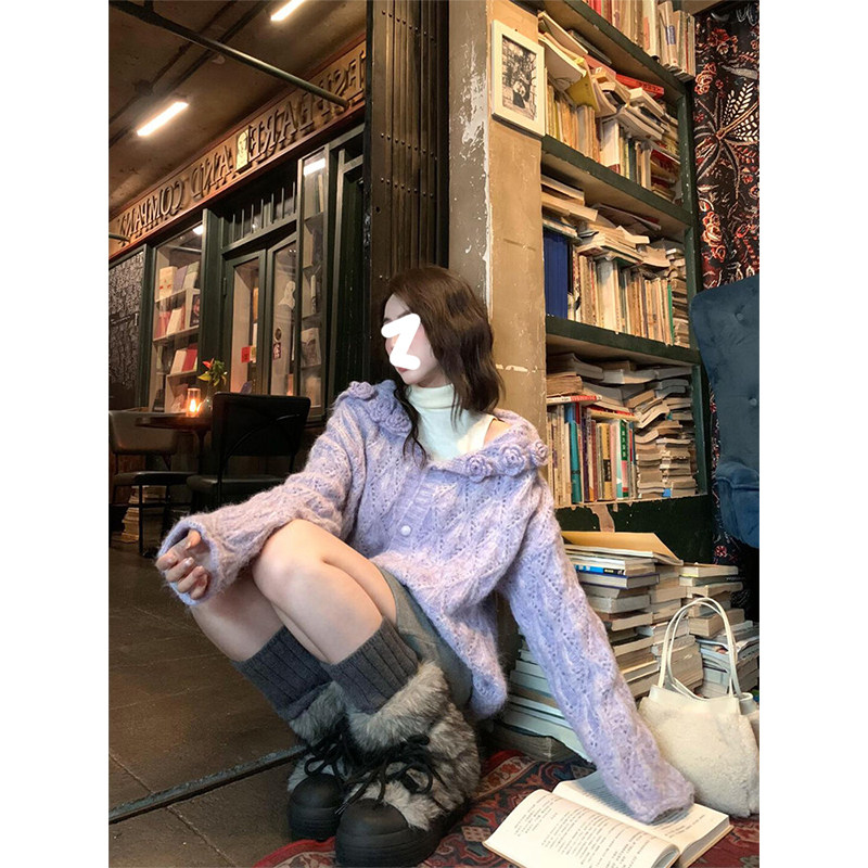 Drawdream 温柔风紫色长袖海军领针织开衫女气质立体花朵宽松毛衣
