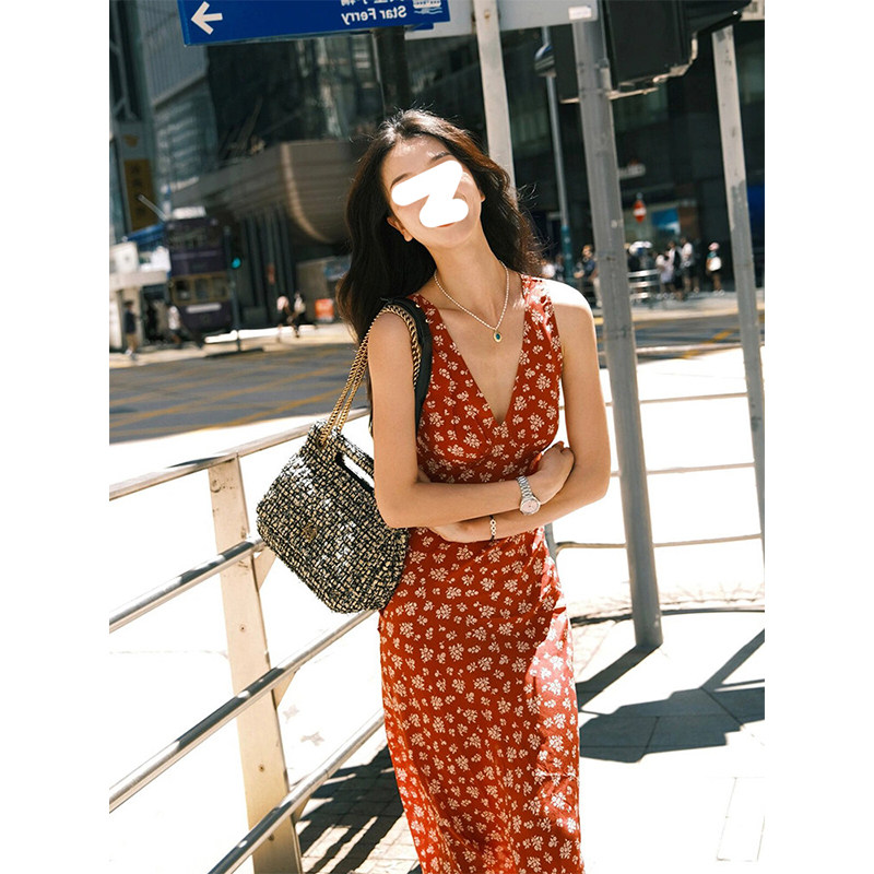 Drawdream 港味chic红色碎花吊带连衣裙女辣妹V领修身度假风长裙
