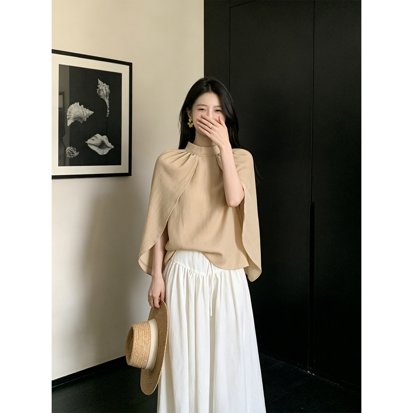 Drawdream 高级感时尚立领斗篷式披肩衬衫女气质宽松通勤百搭上衣