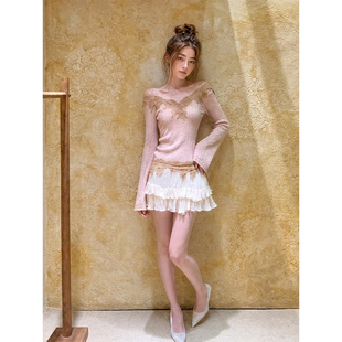 Drawdream 纯欲辣妹蕾丝拼接喇叭袖针织衫女气质修身显瘦露肩上衣