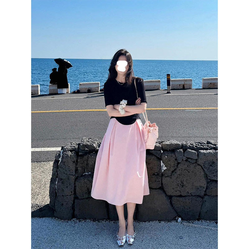 Drawdream 当天发 法式简约短袖T恤女夏季粉色甜美高腰显瘦半身裙