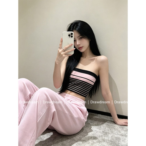 Drawdream 度假风撞色条纹抹胸上衣女夏高腰宽松抽绳阔腿裤两件套