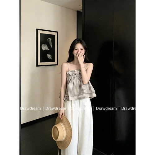 Drawdream 韩系条纹双层荷叶边吊带背心女夏宽松百搭无袖短款上衣