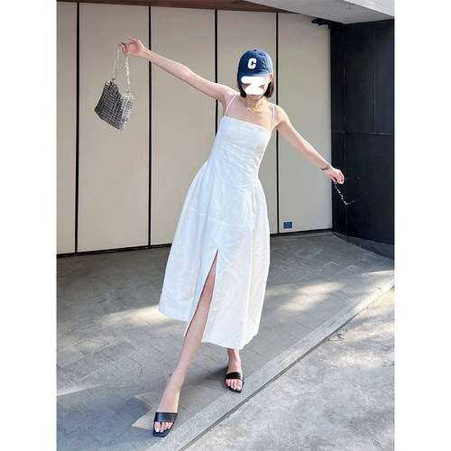 Drawdream 法式设计感高腰连衣裙女2023夏季赫本风气质开叉吊带裙