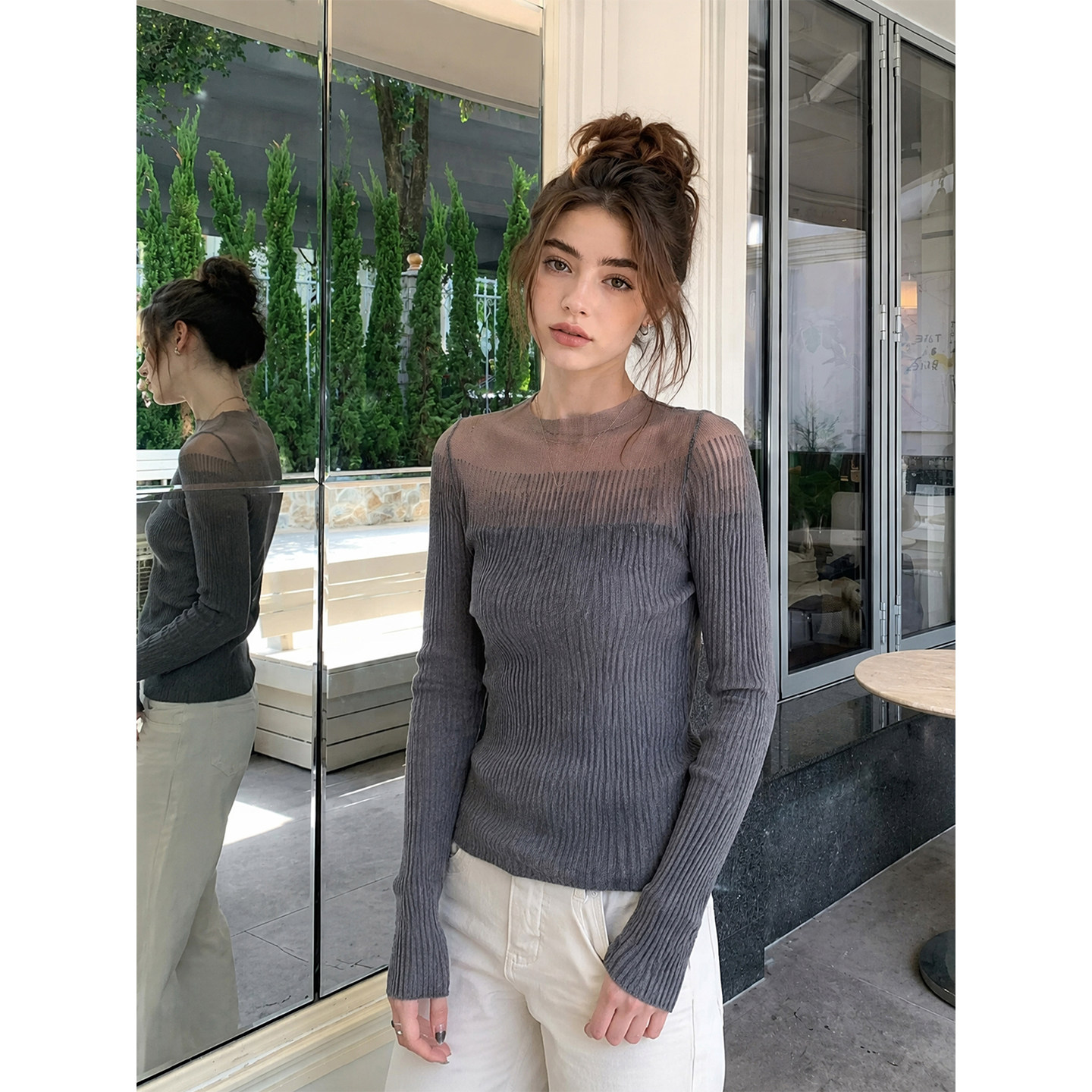 Drawdream 复古辣妹微透肌理感针织衫女装氛围感修身显瘦长袖上衣