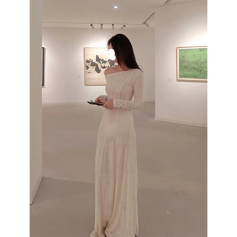 Drawdream 当天发 女神范破洞斜肩针织连衣裙女复古修身礼服长裙