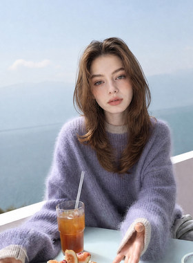 Drawdream 软糯长毛马海毛针织衫女浅紫拼色圆领宽松落肩显瘦毛衣