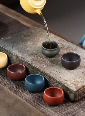 50毫升宜兴紫砂口杯曲口杯子老紫泥杯喝茶杯子朱泥杯豆青杯绿泥杯