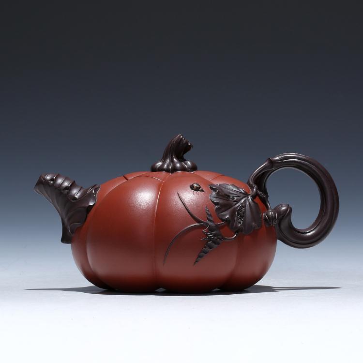 330毫升宜兴紫砂茶壶名家正品全手工茶具王红娟 双色南瓜壶花器