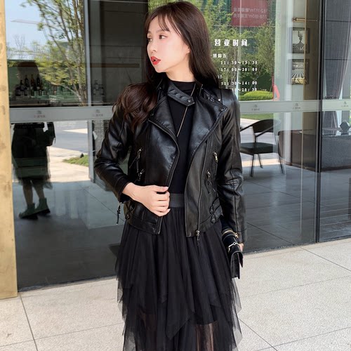 韩版pu皮黑色机车夹克女士小外套