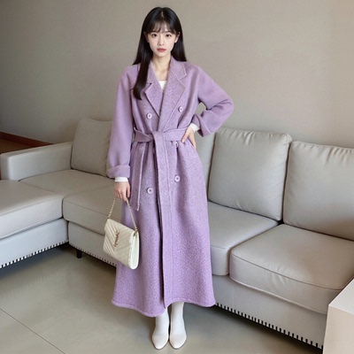 紫色双面呢大衣中长款毛呢外套