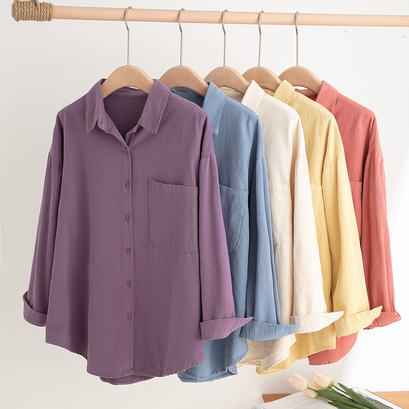 西瓜红2021年新款糖果色衬衫女宽松紫米色衬衣设计感小众叠穿上衣