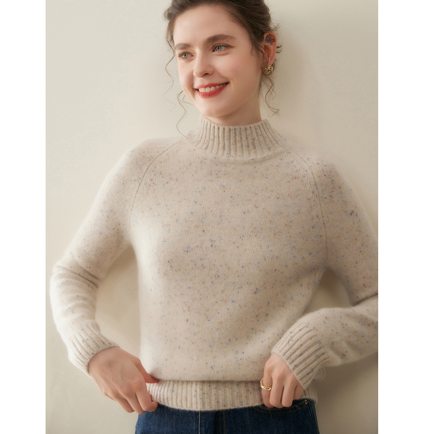 雪莲秋冬100%纯山羊绒衫女半高领三股加厚彩点修身基础百搭毛衣暖