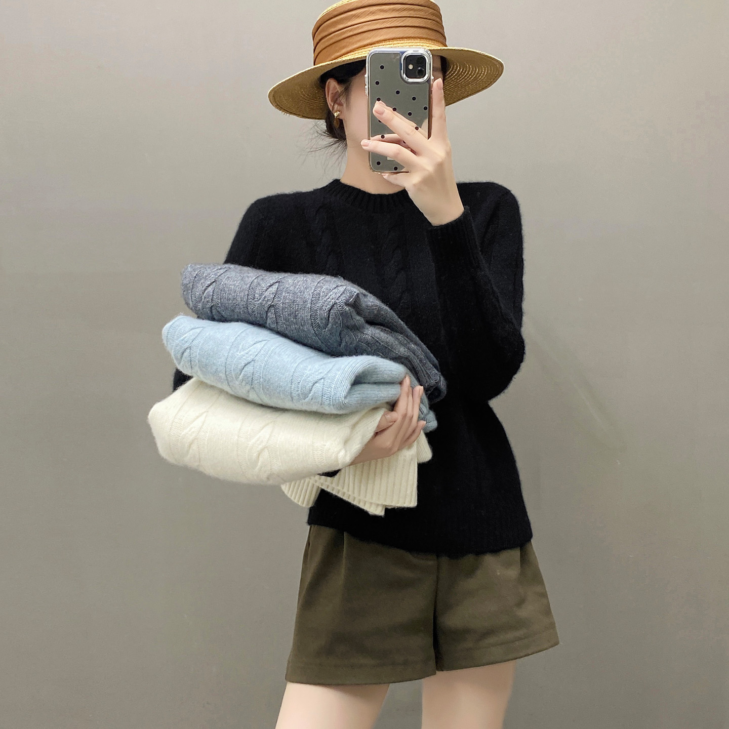 谁穿谁美~欧洲站秋冬软糯山羊绒衫女圆领加厚毛衣宽松扭花针织衫