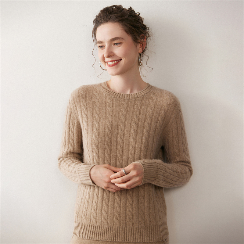 秋冬新款圆领山羊绒衫女士麻花套头毛衣打底衫针织衫内搭上衣百搭