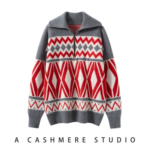 BC同款 拼色高领100%纯山羊绒衫女拉链翻领加厚毛衣秋冬针织套衫